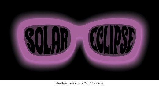 Solar eclipse text with glowing sunglasses vector illustration. Funky lettering shaped in goggles to protect eyes watching at sun. Design for banner, article, social media.