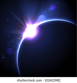 Solar eclipse vector background with stars and lens flare