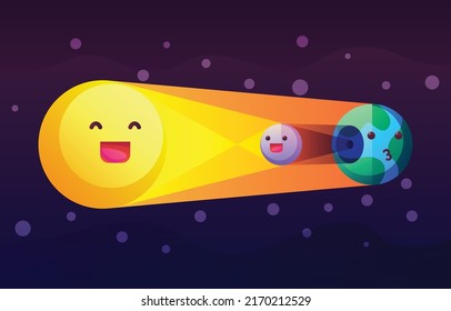 Solar eclipse vector infographic. New moon passes directly between the sun and earth and its shadows fall upon earth surface.