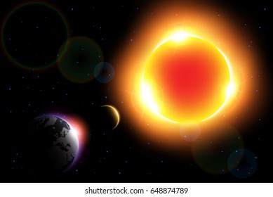 Solar Eclipse ( Vector ) . Moon move around the world and hide sunlight .