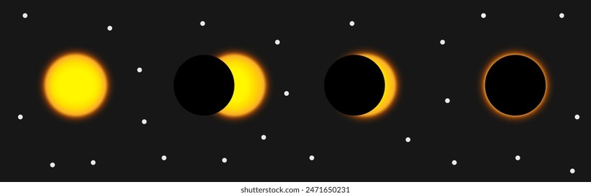 Solar eclipse vector set. Different phases of solar eclipse demonstration moon,covering sun,outer space