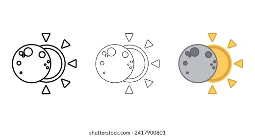Solar eclipse Weather Icon vector image on white background. Three icons thick, thin, colored outline. Can be used for mobile apps, web apps and print media