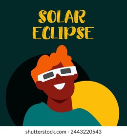 Solar eclipse.Joyful vector character in protective glasses looks at the solar eclipse. Template for a poster, web banner, or postcard.Vector illustration.
