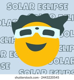 Solar eclipse.Joyful vector character in protective glasses looks at the solar eclipse. Template for a poster, web banner, or postcard.Vector illustration.