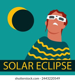 Solar eclipse.Joyful vector character in protective glasses looks at the solar eclipse. Template for a poster, web banner, or postcard.Vector illustration.