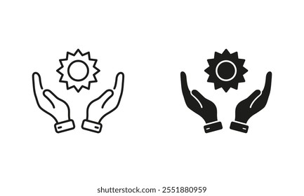 Linha de Energia Ecológica Solar e Conjunto de Ícones de Silhueta. Símbolo de Ecologia e Natureza. Pictograma de cuidado ambiental. Traço editável. Ilustração de vetor isolada.