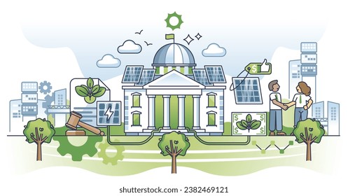 Solar economy and government green energy development support outline concept. Sun panel electricity funding and give subsidiary to private sector vector illustration. Financial help to reduce CO2.