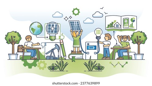 Solar education and awareness with green energy learning outline concept. Sun panel technology teaching for kids and children as sustainable and nature friendly future knowledge vector illustration.