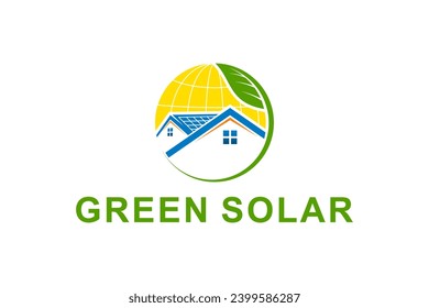 Solar electric system logo on the roof of the house, with green leaves symbolizing environmentally friendly, future technology.