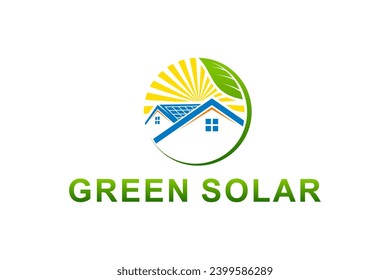 Solar electric system logo on the roof of the house, with green leaves symbolizing environmentally friendly, future technology.