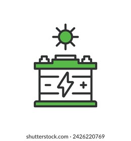 Solar Energy Accumulation icon line design green. Energy, accumulation, sun, power, system, renewable, panel, battery isolated on white background vector. Solar Energy Accumulation editable stroke ico