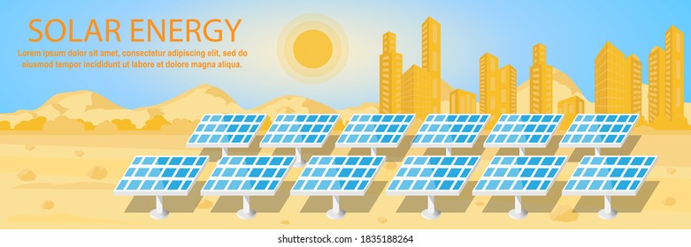 Solar energy alternative renewable energy banner design. Solar panels against the backdrop of mountains, city and sun. Vector illustration, flat style