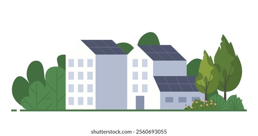 Solar energy. Alternative Renewable Energy. Eco city. Zero waste. Ecological awareness. Flat vector illustration isolated on white background.