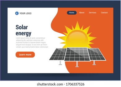 solar energy banner concept - sun and solar panel.Web design landing page. Conceptual vector illustration in flat style design.Isolated on background.