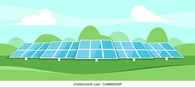 Solar energy. Solar batteries in the middle of a green field. Landscape on the back. Clear modern design. Simple design template. Beautiful background. Flat style vector illustration. 