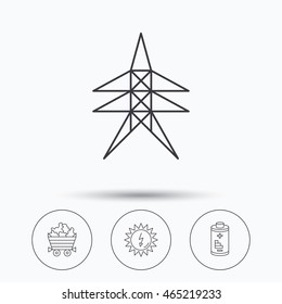 Solar energy, battery and minerals icons. Electricity station linear sign. Linear icons in circle buttons. Flat web symbols. Vector
