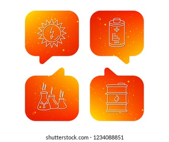 Solar energy, battery and oil barrel icons. Industries linear sign. Orange Speech bubbles with icons set. Soft color gradient chat symbols. Vector