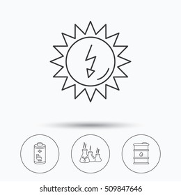 Solar energy, battery and oil barrel icons. Industries linear sign. Linear icons in circle buttons. Flat web symbols. Vector