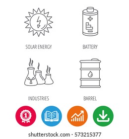 Solar energy, battery and oil barrel icons. Industries linear sign. Award medal, growth chart and opened book web icons. Download arrow. Vector