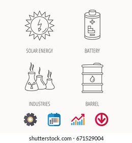 Solar energy, battery and oil barrel icons. Industries linear sign. Calendar, Graph chart and Cogwheel signs. Download colored web icon. Vector