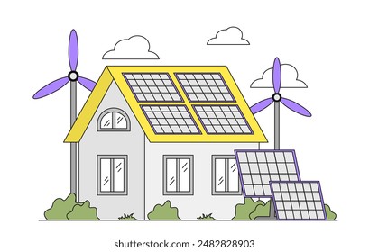 Solar energy building. House with solar panels and windmill. Reducing emission of co2 waste into atmosphere. Care about ecology and environment. Sustainable lifestyle. Linear vector illustration