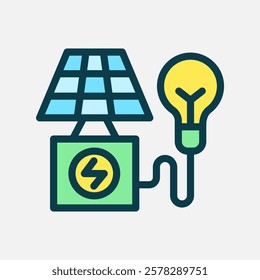 solar energy and bulb icon Flat line color, free energy, ecology, renewable and green energy concept. Line and flat color icon.