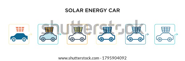Solar energy car vector icon in 6 different modern\
styles. Black, two colored solar energy car icons designed in\
filled, outline, line and stroke style. Vector illustration can be\
used for web, 