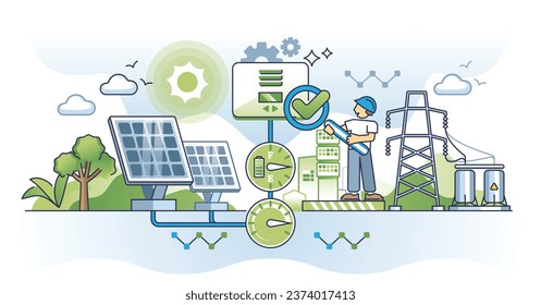 Solar energy charge controllers and power management system outline concept. PMS for sun panels to check electricity battery level vector illustration. Renewable generator installation or inspection