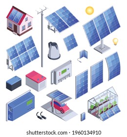 Solar Energy Color Set Of Eco Home And Greenhouse With Solar Panels Counter Controller Electric Car Isolated Icons Vector Illustration