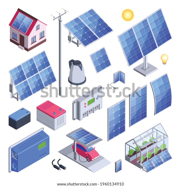 Solar energy color set of eco home and\
greenhouse with solar panels counter controller electric car\
isolated icons vector\
illustration