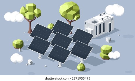 Solar energy concept. Alternative energy sources and sustainabe lifestyle. Low poly model of trees and solar panels. Care about nature and environment. Cartoon isometric vector illustration