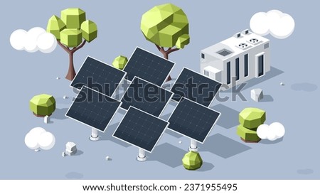 Solar energy concept. Alternative energy sources and sustainabe lifestyle. Low poly model of trees and solar panels. Care about nature and environment. Cartoon isometric vector illustration