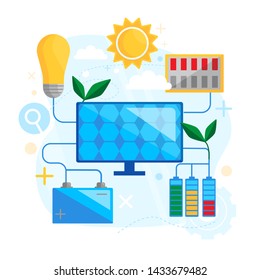 Solar energy concept design. Solar panel green energy. Safe and use alternative renewable energy. Flat vector illustration