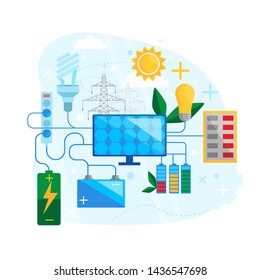 Solar energy concept design. Solar panel green energy. Flat vector illustration