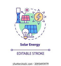 Solar energy concept icon. Eco-friendly technology. Renewable energy sources abstract idea thin line illustration. Isolated outline drawing. Editable stroke. Roboto-Medium, Myriad Pro-Bold fonts used