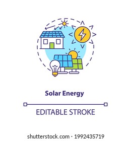 Symbol für Solarenergie Transformieren Sie Sonnenlicht in Elektrizität Idee dünne Linie Illustration. Fotovoltaik-Systeme erzeugen Elektrizität. Vektorgrafik einzeln Umriss RGB Farbzeichnung. Bearbeitbarer Hub