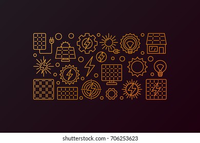 Solar energy concept illustration - vector golden banner made with outline sun, energy and solar panels icons