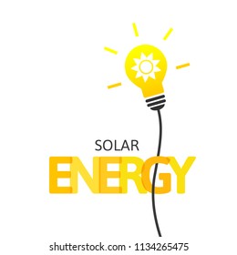 Solar energy concept with lightbulb and shiny sun symbol inside. Integrated text and lettering with multiply blend mode.