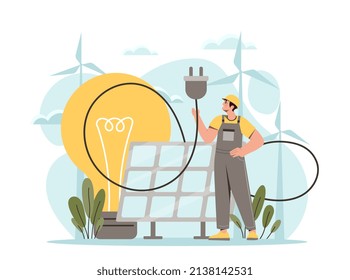 Concepto de energía solar. El hombre sostiene alambre, métodos alternativos para obtener electricidad. El cuidado del medio ambiente y la reducción de la liberación de sustancias nocivas en el medio ambiente. Dibujo vectorial plano de dibujos animados