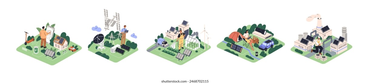 Solar energy concept set. Sun power panels, cells, renewable resources for house, industry, satellite, electric car. Eco green electricity. Flat vector illustrations isolated on white background