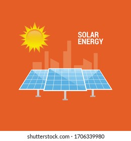 solar energy concept - sun and solar panel with city on background.Conceptual vector illustration in flat style design.Isolated on background.