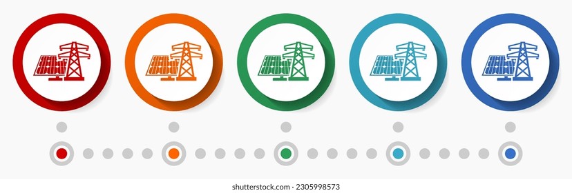 Solar energy concept vector icon set, infographic template, flat design circle colorful web buttons in 5 color options