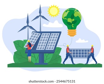 Solar Energy Concept,Worker Engineers Carrying A Solar Panel to installing sunny panel renewable electricity systems Modern Flat Design Vector Illustration.