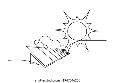 Solar energy in continuous line art drawing style. Solar panels facing the Sun to collect heat by absorbing sunlight. Black linear design isolated on white background. Vector illustration