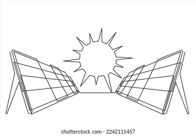 Solar energy in continuous line art drawing style. Solar panels facing the Sun to collect heat by absorbing sunlight. Black linear design isolated on white background. Vector illustration