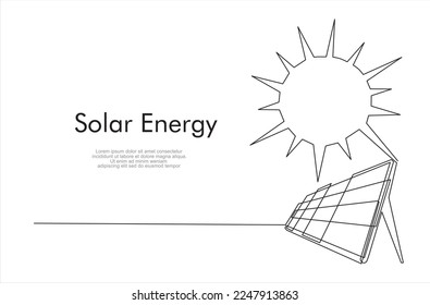 Solar energy in continuous line art drawing style. Solar panels facing the Sun to collect heat by absorbing sunlight. Black linear design isolated on white background. Vector illustration