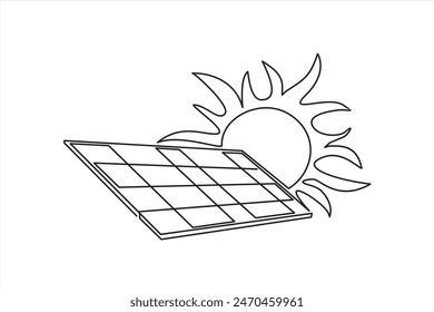 Solar energy in continuous line art drawing style. Solar panels facing the Sun to collect heat by absorbing sunlight. Black linear design isolated on white background. Vector illustration