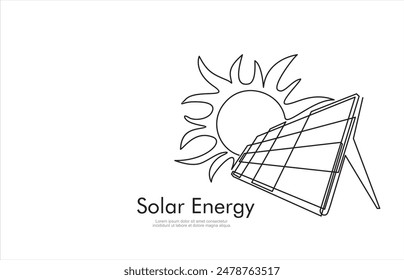 Solar energy in continuous line art drawing style. Solar panels facing the Sun to collect heat by absorbing sunlight. Black linear design isolated on white background. Vector illustration
