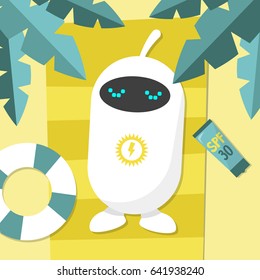 Solar energy. Cute robot charging from the sunlight / flat editable vector illustration, clip art