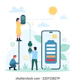Solar energy for electricity generation vector illustration. Cartoon tiny people charge mobile phone with low battery, characters using eco alternative power source for smartphone charger system
